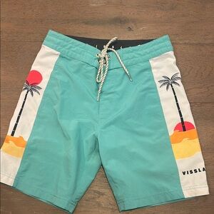 VISSLA Blue and White Board Shorts Quick-Dry Athletic Fit